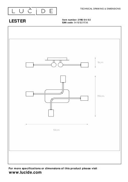 Lucide LESTER - Flush ceiling light - 4xE27 - Matt Gold / Brass - technical